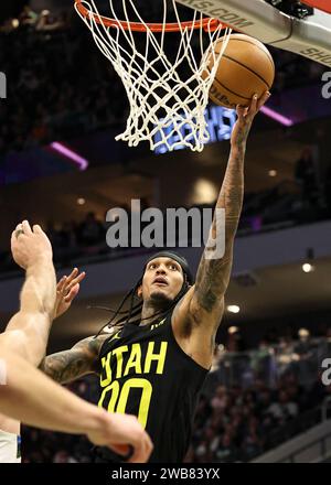 Milwaukee, USA. 9th Jan, 2024. Utah Jazz guard Jordan Clarkson shoots the ball during the NBA regular season game between Milwaukee Bucks and Utah Jazz in Milwaukee, the United States, Jan. 9, 2024. Credit: Joel Lerner/Xinhua/Alamy Live News Stock Photo