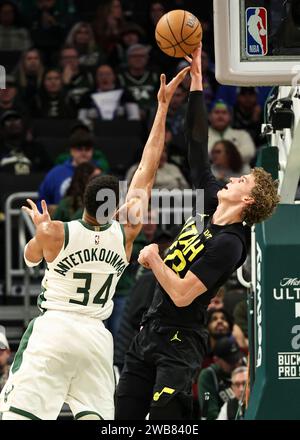 Milwaukee, USA. 9th Jan, 2024. Utah Jazz forward Lauri Markkanen (R) blocks the shot of Milwaukee Bucks forward Giannis Antetokounmpo during the NBA regular season game between Milwaukee Bucks and Utah Jazz in Milwaukee, the United States, Jan. 9, 2024. Credit: Joel Lerner/Xinhua/Alamy Live News Stock Photo