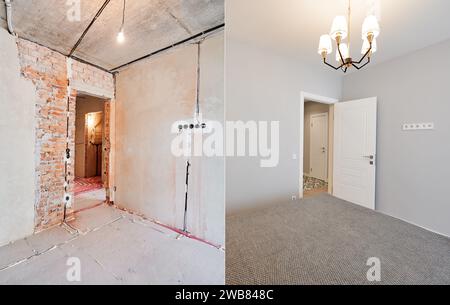 Photo collage of apartment room before and after restoration or ...