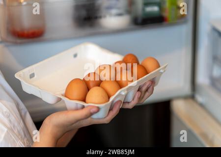 Female hand lays chicken eggs from cardboard packaging in refrigerator. the girl takes fresh brown chicken eggs in a package from the refrigerator Stock Photo