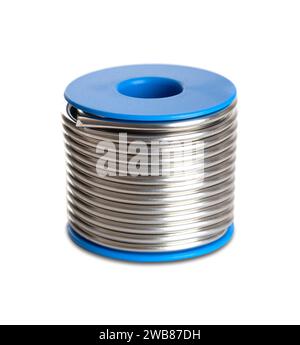 Spool of soft solder wire, with a diameter of 3 millimeters. Fittingslot, fusible metal alloy of tin and copper. Stock Photo