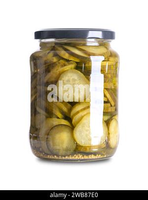 Burger gherkins, pickled cucumber slices, in a glass jar. Crisp round cucumber slices, pasteurized and preserved in a brine. Stock Photo