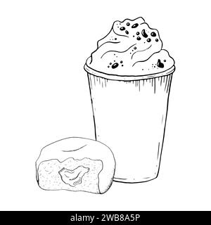 Bitten donut and milkshake with whipped cream and chocolate chips vector black and white graphic illustration Stock Vector