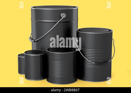 Set of metal can or buckets of paint in row pattern on yellow background. 3d render of renovation concept and DIY repair in room Stock Photo