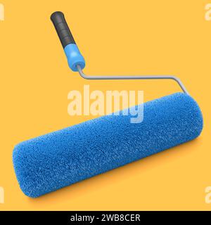 Paint roller for painting walls and renovating apartment on yellow background. 3d render concept of DIY repair in room and renovation banner Stock Photo