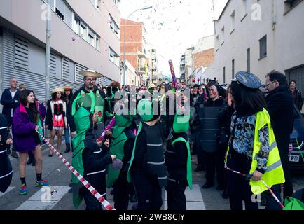 Barcelona, Spain, February 13, 2015 - Animated school carnival fills Barcelona's streets with parents and children in costumes, to the rhythm of music Stock Photo
