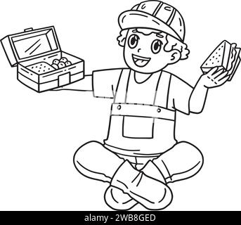 Construction Worker Eating Lunch Isolated Coloring Stock Vector