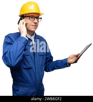 Isolated engineer with phone and digital tablet Stock Photo