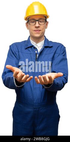 Portrait of a engineer in a glasses, helmet and blue suit. A man holds his hands in front of him. Isolated Stock Photo