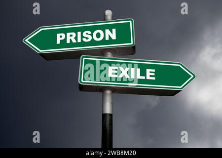 Two direction signs, one pointing left (Prison), and the other one, pointing right (Exile). Stock Photo