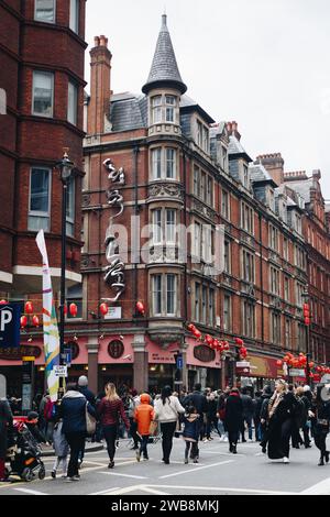 Chinese New Year decorations, Chinatown, Soho, West End, London, England, United Kingdom Stock Photo