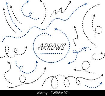 Big Set Arrows and directions signs. thin dash line with arrow. Dotted lines with arrows, Stock Vector