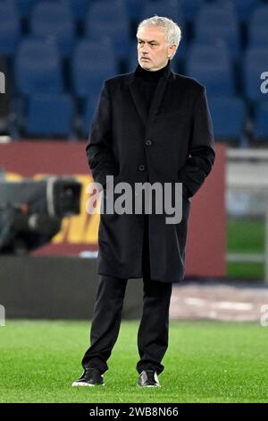 Jose Mourinho coach of AS Roma attends the warm up during the Serie A football match between AS Roma and Atalanta BC at Olimpico stadium in Rome (Italy), January 7th, 2024. Stock Photo