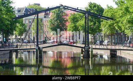 Rotterdam, Netherlands - May 28 2017: Schiedam historic canal with Fixed trunnion Bascule bridge Stock Photo