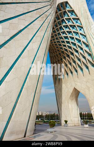 A low-angle view of the Azadi Tower (Freedom Tower), an iconic landmark in Tehran, Iran. Stock Photo
