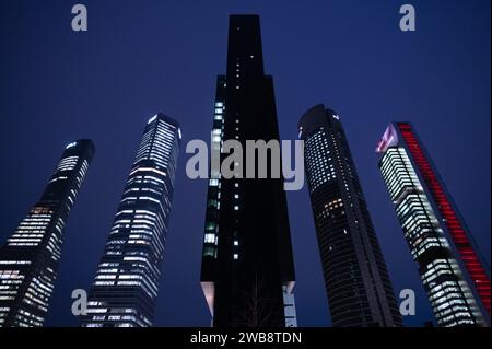 View of the Four Towers Business Area, the highest skyscrapers of Madrid in the business and financial district. Stock Photo