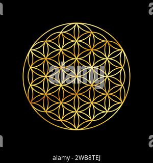 Flower of life gold symbol isolated on black background. Sacred geometry golden symbol Stock Photo