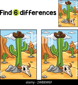 Cowboy Hat, Cactus Bull Skull Find The Differences Stock Vector