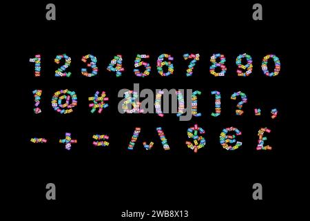 Top view of the numbers and symbols alphabet made of colorful retro audio cassettes scattered on a black background. The concept of music theme gift c Stock Photo