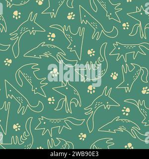 Vector Outline Cute Wolves and Paws Seamless Pattern for Textile or Wrapping Paper Stock Vector