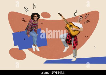 Horizontal photo collage picture of two overjoyed people couple lovers man play guitar woman listen song on drawing creative background Stock Photo