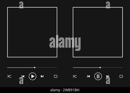 Music player interface template with album cover frame, slider progress bar, play, pause, repeat, rewind, shuffle and fast forward buttons isolated on black background. Vector graphic illustration Stock Vector