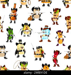 Cartoon cowboy and sheriff tex mex characters pattern. Textile vector pattern, wallpaper or wrapping paper print with beer, tamale, burrito, enchilada, tequila and pulque cute Wild West personages Stock Vector