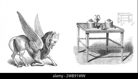 Wood Engraving Of a Cherubic Symbol and The Table Of The Shewbread (Exodus) from the Illustrated Family Bible - 12 Loaves were place on the Table Repre Stock Photo