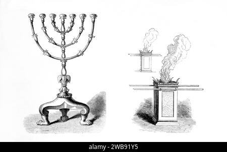 Wood Engravings of the Golden Candlestick and the Altar of Incense (Exodus) from the Illustrated Family Bible Stock Photo