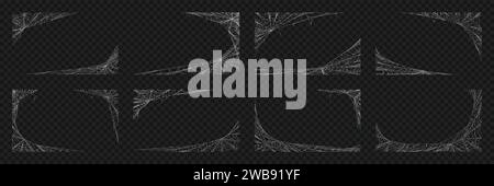 Realistic Halloween spider web or cobwebs for holiday frames and corners, vector backgrounds. Halloween trick or treat greeting card templates with white spiderweb and spider cobwebs in corner frames Stock Vector