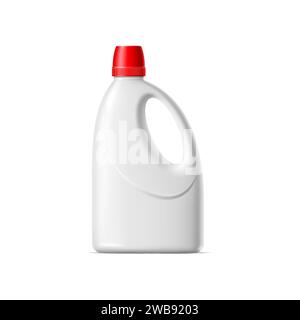 Realistic liquid laundry detergent bottle, vector plastic container package mockup. Blank white bottle or canister with red cap for laundry detergent, fabric softener, floor cleaner and bleach Stock Vector