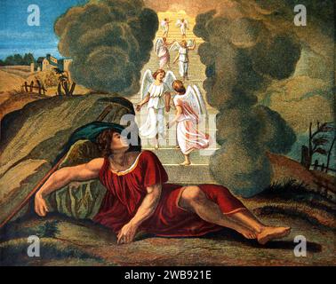 Illustration of Jacob's Dream - While Sleeping Jacob has a Dream from God he Sees Angels ascending and Descending a Staircase Reaching up to Heaven (Genesis) Stock Photo