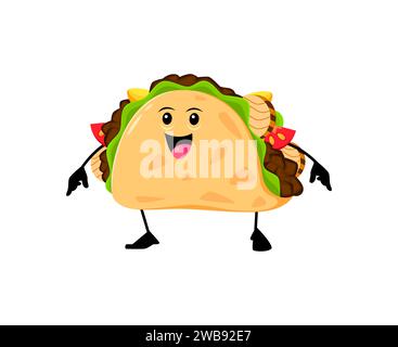Cartoon cheerful taco funny takeaway fast food character with smiling face. Vector Mexican meal made of crispy tortilla with grilled meat and fresh vegetables, exuding a friendly, appetizing vibe Stock Vector