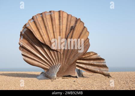 The Scallop, on the beach at Aldeburgh, Suffolk, England UK. A stainless steel by Suffolk-based artist Maggi Hambling, it stands 15 feet (4.6 m) high, Stock Photo