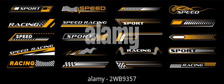 Yellow racing sport car stickers and race line decals, vector stripe arrows. Auto art decals with car wheels, start or finish checkered flag backgrounds for rally ride, drag racing and drift sport Stock Vector