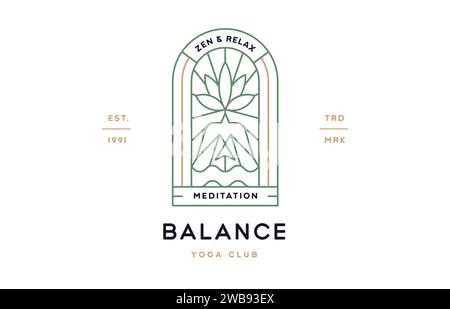 Yoga Meditation Relax Club Label. Minimalist line art logo template. Simple modern design line graphic yoga meditation relax club badge. Symbol line icon yoga meditation sign. Vector Illustration Stock Vector