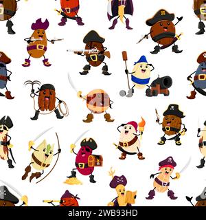 Cartoon nut, bean and legume pirate and corsair characters seamless pattern. Vector background with kidney, soy, macadamia or almond. Coconut, pistachio, peanut and pekan, coffee with pumpkin seed Stock Vector