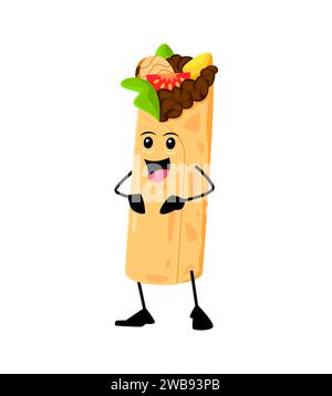 Cartoon cheerful enchiladas funny takeaway fast food character with smiling face, filled with savory ingredients, embodying essence of Mexican cuisine. Isolated vector stuffed tex mex roll personage Stock Vector