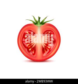 Raw realistic red ripe tomato half slice, isolated cherry vegetable, its juicy interior glistening with seeds, revealing the succulent texture. 3d vector fresh plant promise a burst of sweet flavor Stock Vector