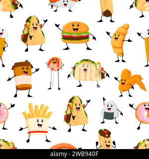 Cartoon cheerful takeaway fast food characters seamless pattern. Vector background with coffee cup, quesadilla, French fries and chicken wing. Donut, onigiri, burrito or burger, croissant and lollipop Stock Vector