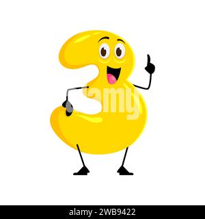 Cartoon math number three character with expressive eyes and cute charming smile, showing pointing gesture. Isolated vector funny yellow digit 3 personage perfect for children mathematics education Stock Vector