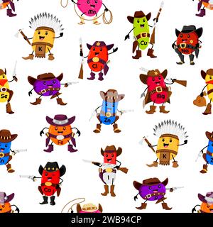 Cartoon micronutrient cowboys seamless pattern. Vector background with vitamin and mineral characters of funny Wild West cowboys, sheriffs and indians. Cute western micronutrient pills personages Stock Vector