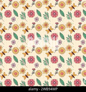 spring pattern illustration in hand drawn flat design style Stock Vector