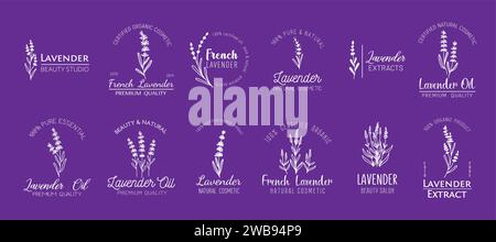 French lavender minimal logo. Oil, natural cosmetics and beauty symbols with lavender flowers isolated vector set on purple background. Linear labels, sleek, minimal design for for cosmetic brands Stock Vector