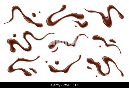 Chocolate sauce syrup drop, splash, stain and swirl. Isolated realistic 3d vector set of luscious drizzles of melt choco dessert. Indulgent delight, enticing taste buds with its sweet, decadent allure Stock Vector
