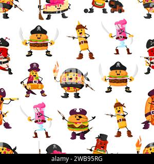 Cartoon fast food pirate and corsair characters pattern. Seamless background with cute personages of vector hamburger, pizza, hot dog and soda, cheesecake, ketchup and mustard with pirate hats, guns Stock Vector