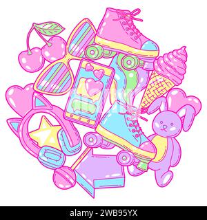 Background with fashion girlish items. Colorful cute teenage illustration. Stock Vector