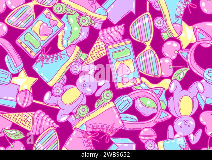 Seamless pattern with fashion girlish items. Colorful cute teenage background. Stock Vector