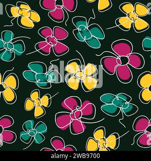 Pattern Seamless Vector with Four Petals Flowers Black Background Stock Vector