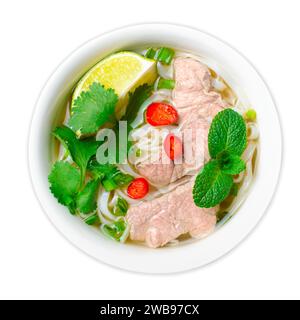Traditional Vietnamese Soup Pho Bo with Rice Noodles, Beef and Herbs on White Isolated Background Stock Photo